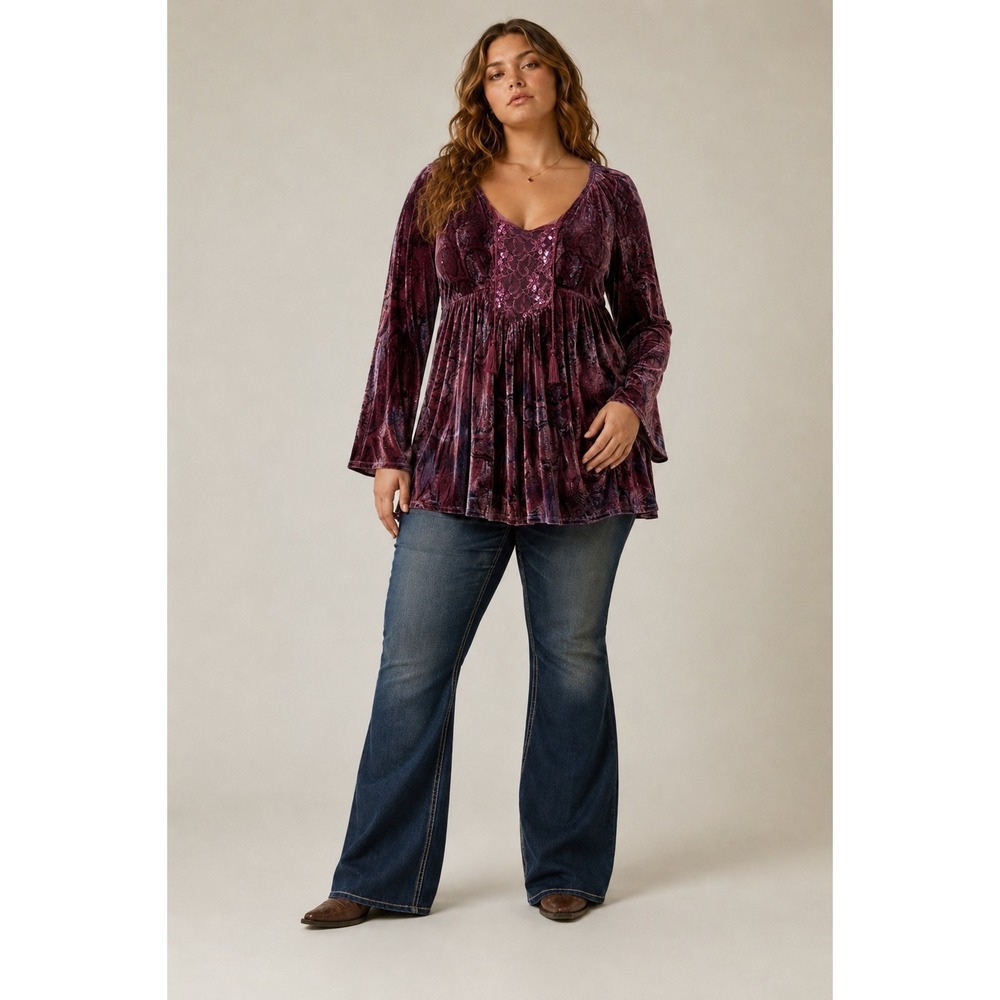 UNITY Velour Babydoll Top 2X Flare Sleeve Y2K Fairy Grunge Whimsigoth Purple - Picture 10 of 10